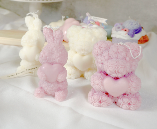 Rose Bear Candle, Easter Bunny Candle, Cute Animal Candle, Bunny and Bear Soy Candle, Valentine's Day Rose Bunny and Bear Candle